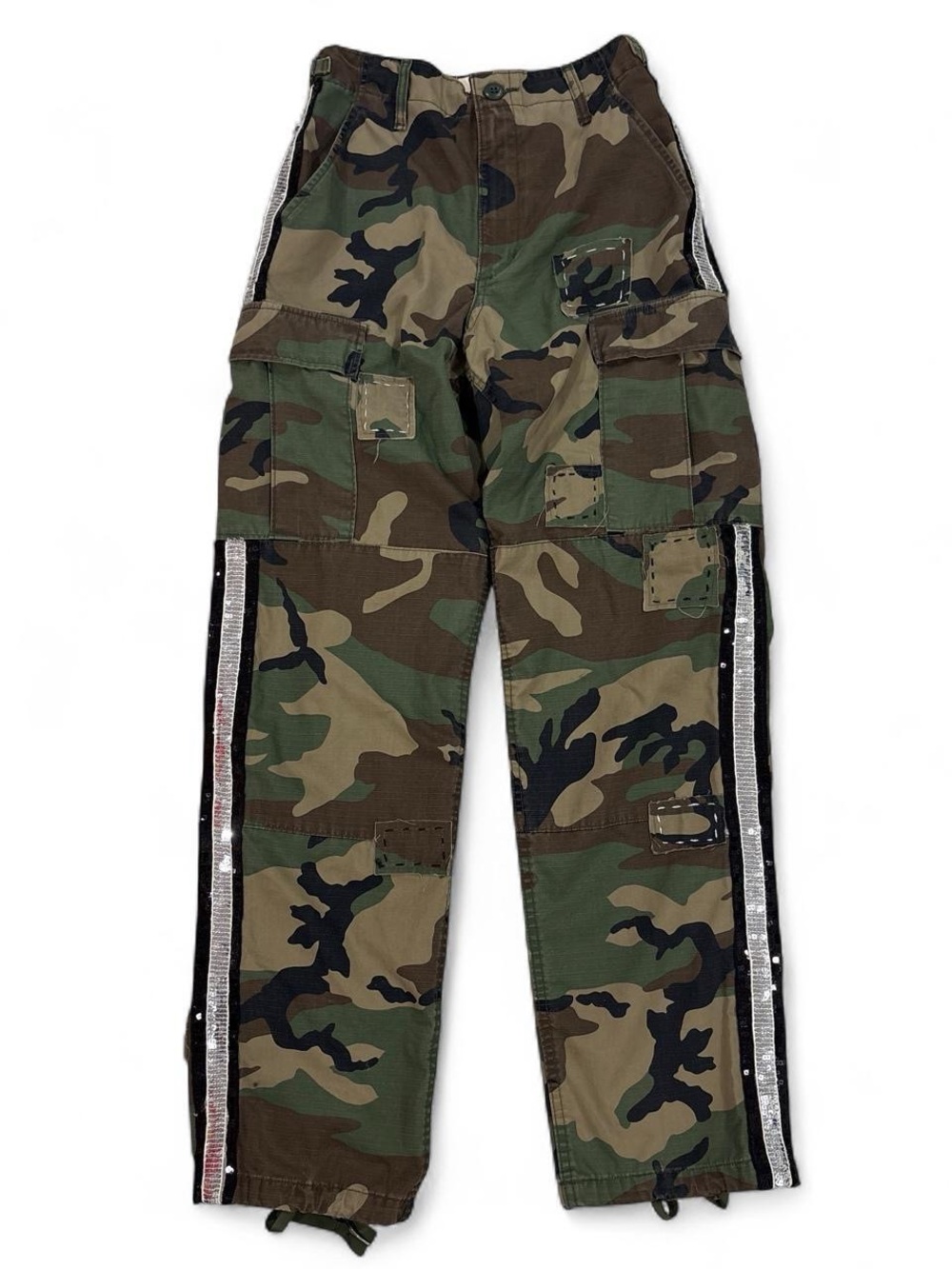 Riley upcycled camo cargo pants with sequin track stripes and patch details